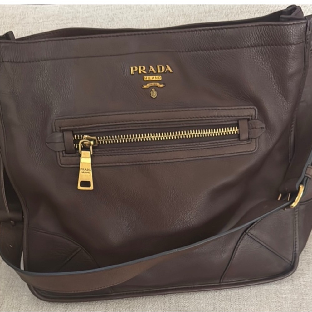 Prada Dark Brown Leather Bag with Gold Accents large shoulder bag